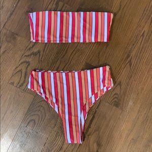 Striped bandeau high wasted bikini